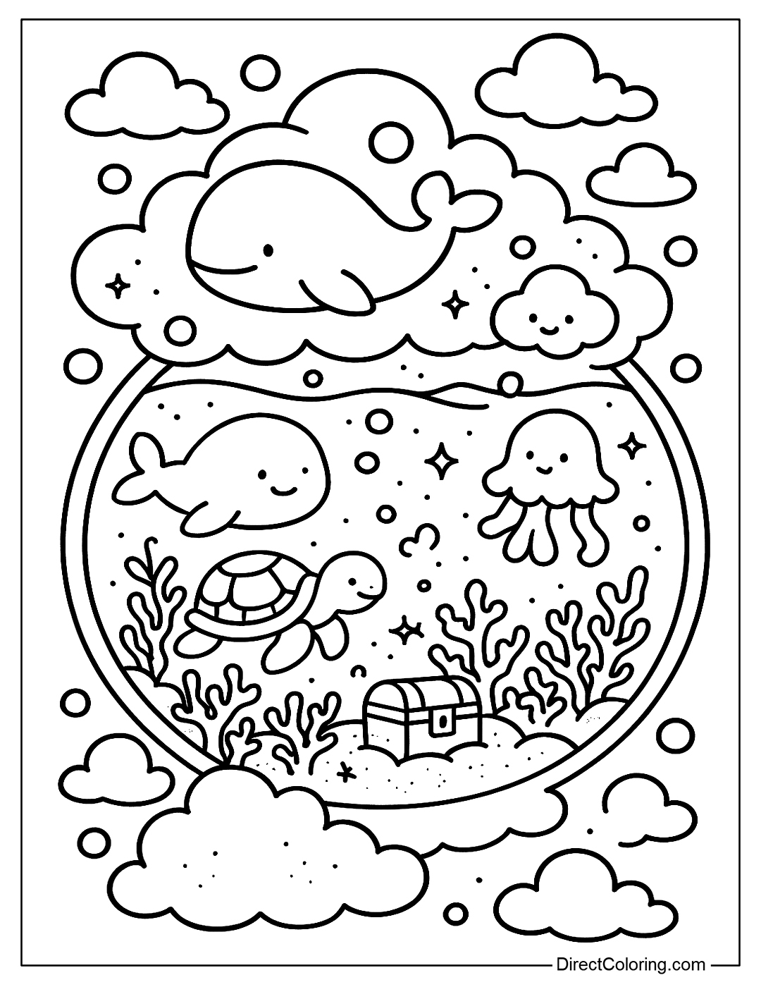 coloring page A giant fishbowl-shaped cloud filled with cloud creatures like whales, jellyfish, and sea turtles